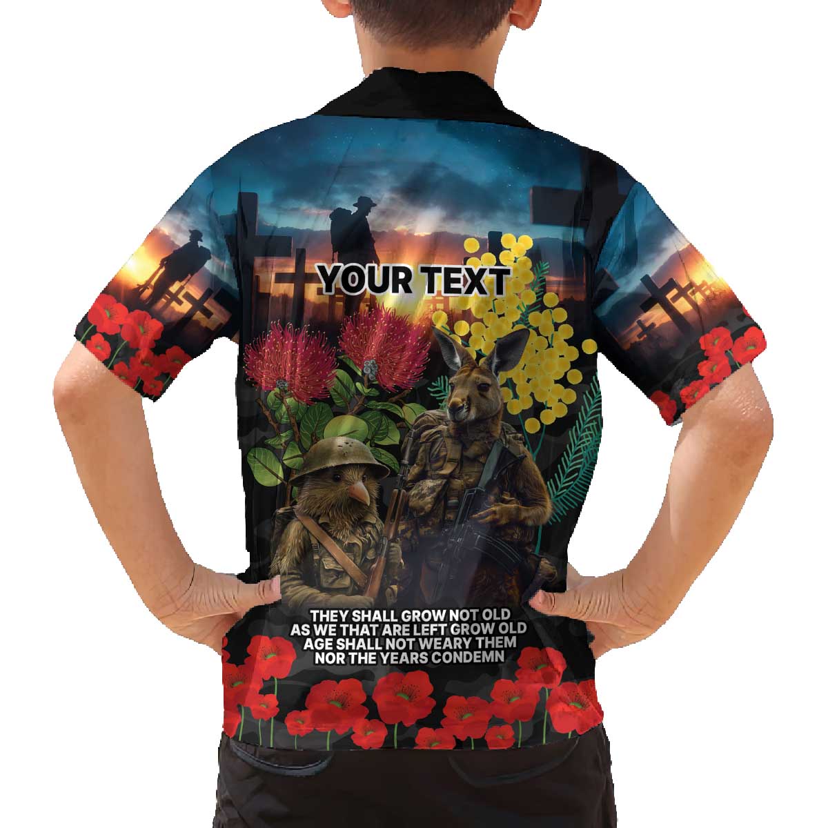 Kangaroo-Kiwi Soldier ANZAC Personalised Family Matching Off The Shoulder Long Sleeve Dress and Hawaiian Shirt Golden Wattle and Pohutukawa Flowers LT9 - Polynesian Pride