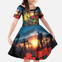 Kangaroo-Kiwi Soldier ANZAC Personalised Family Matching Off The Shoulder Long Sleeve Dress and Hawaiian Shirt Golden Wattle and Pohutukawa Flowers LT9 Daughter's Dress Black - Polynesian Pride