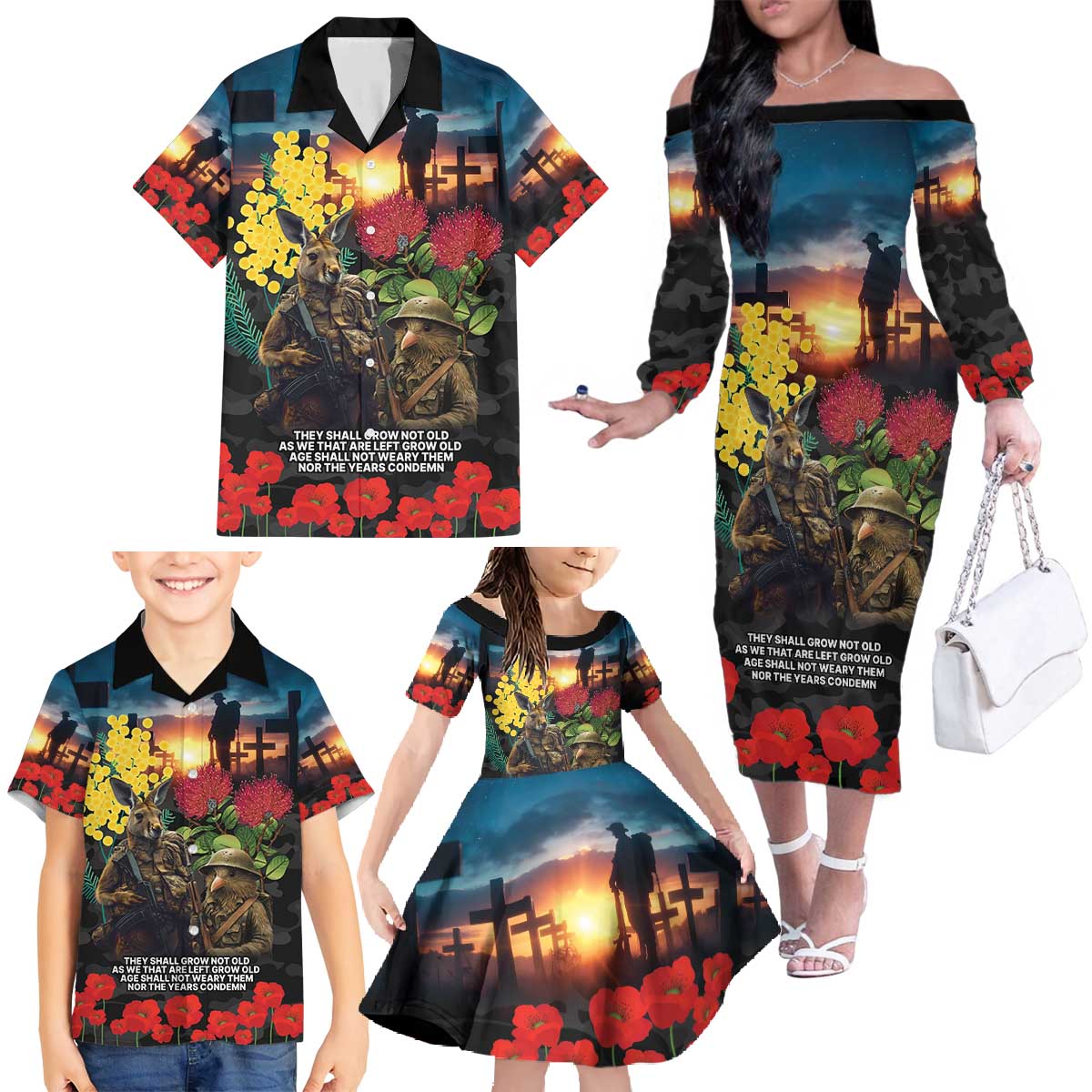 Kangaroo-Kiwi Soldier ANZAC Personalised Family Matching Off The Shoulder Long Sleeve Dress and Hawaiian Shirt Golden Wattle and Pohutukawa Flowers