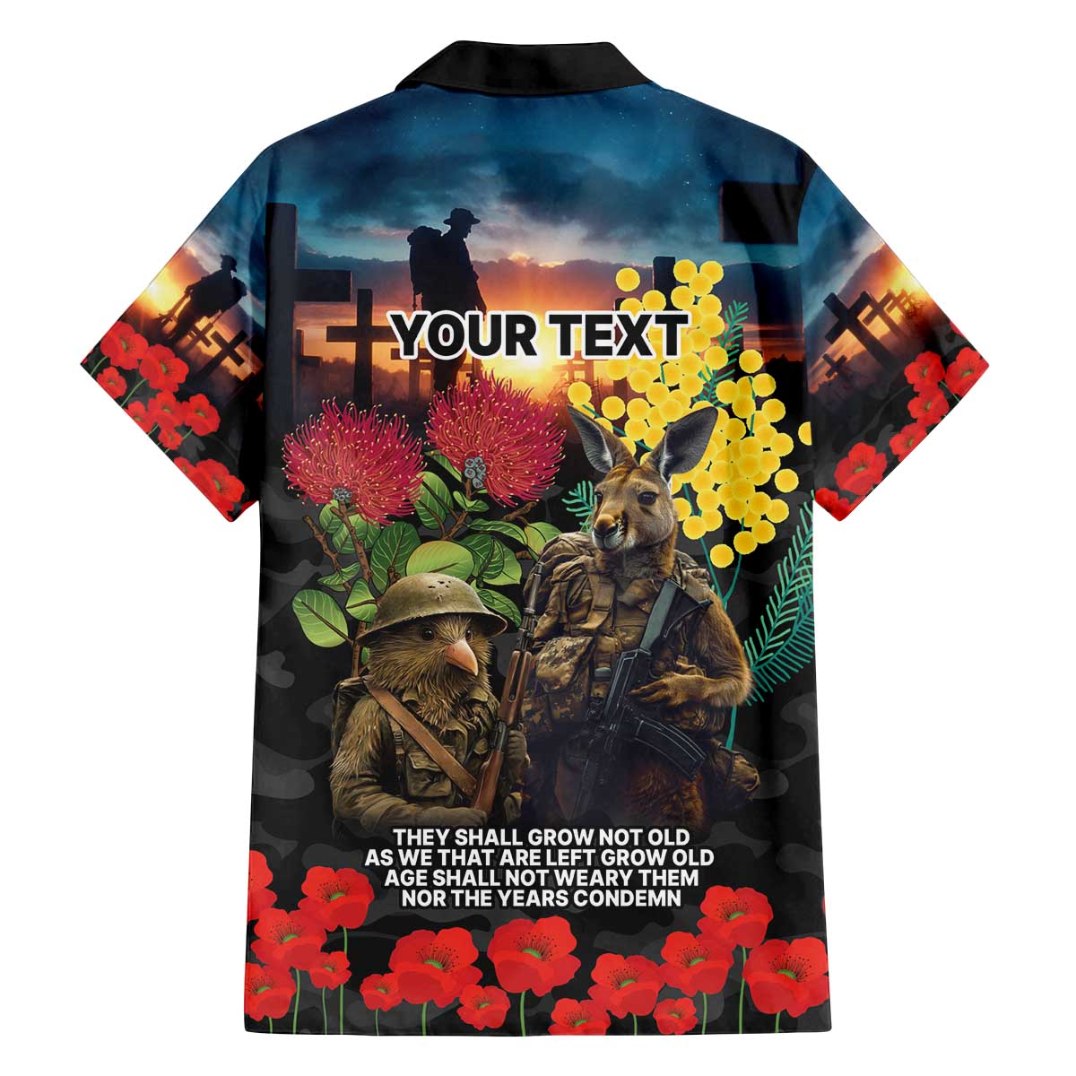 Kangaroo-Kiwi Soldier ANZAC Personalised Family Matching Off The Shoulder Long Sleeve Dress and Hawaiian Shirt Golden Wattle and Pohutukawa Flowers LT9 - Polynesian Pride