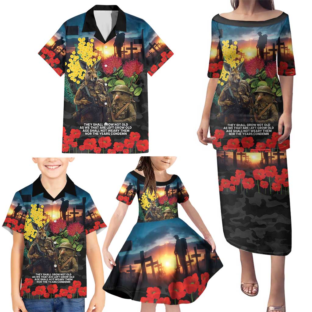 Kangaroo-Kiwi Soldier ANZAC Personalised Family Matching Puletasi and Hawaiian Shirt Golden Wattle and Pohutukawa Flowers