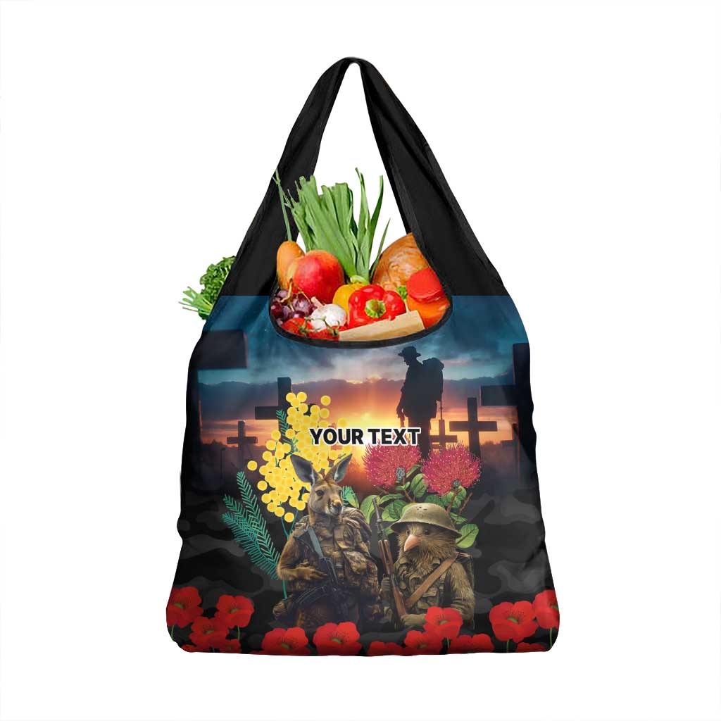 Kangaroo-Kiwi Soldier ANZAC Personalised Grocery Bag Golden Wattle and Pohutukawa Flowers