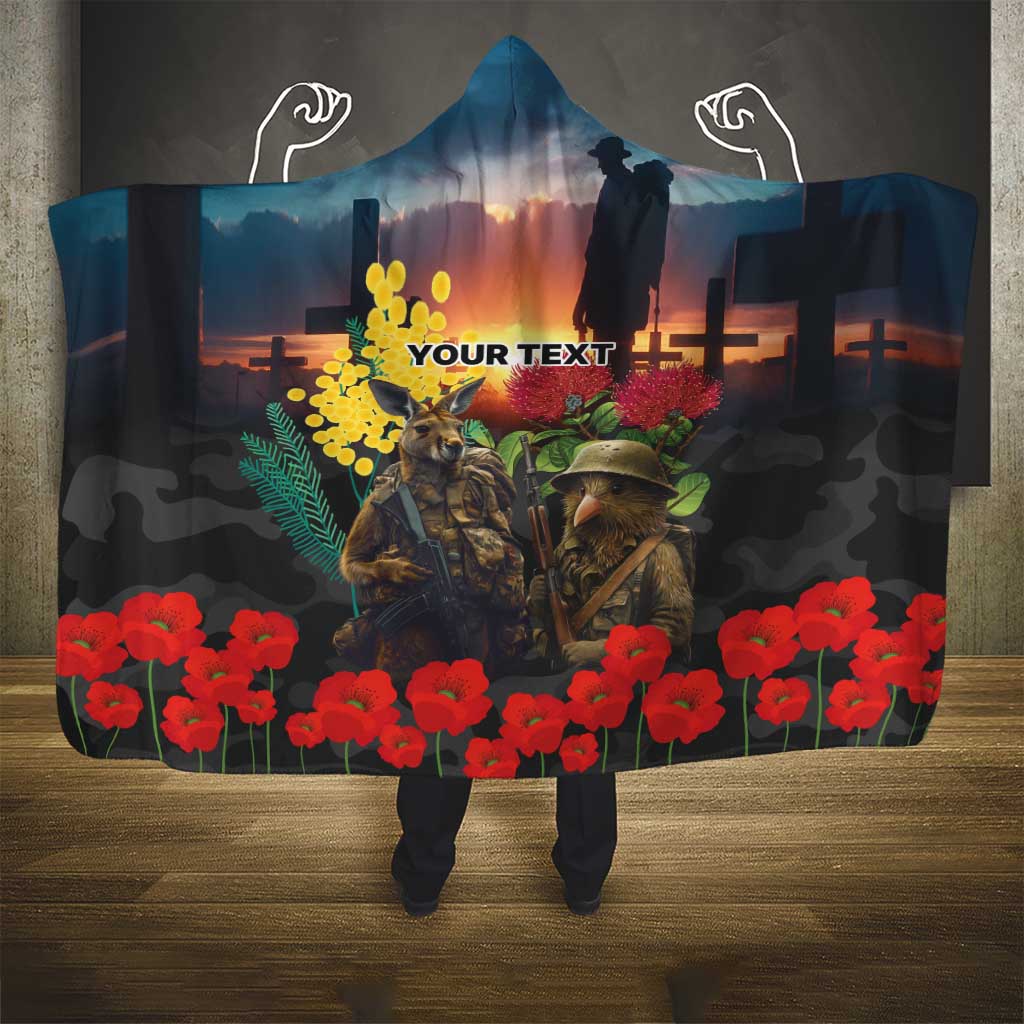 Kangaroo-Kiwi Soldier ANZAC Personalised Hooded Blanket Golden Wattle and Pohutukawa Flowers