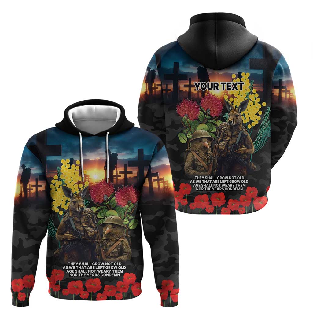 Kangaroo-Kiwi Soldier ANZAC Personalised Hoodie Golden Wattle and Pohutukawa Flowers