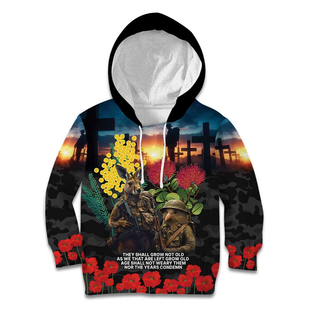 Kangaroo-Kiwi Soldier ANZAC Personalised Kid Hoodie Golden Wattle and Pohutukawa Flowers