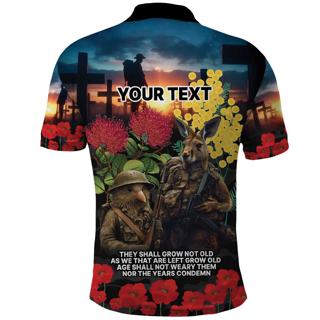 Kangaroo-Kiwi Soldier ANZAC Personalised Polo Shirt Golden Wattle and Pohutukawa Flowers