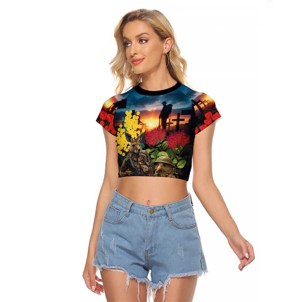 Kangaroo-Kiwi Soldier ANZAC Personalised Raglan Cropped T Shirt Golden Wattle and Pohutukawa Flowers