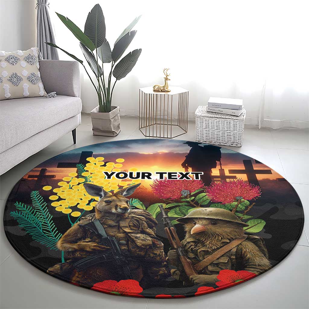 Kangaroo-Kiwi Soldier ANZAC Personalised Round Carpet Golden Wattle and Pohutukawa Flowers LT9 - Polynesian Pride