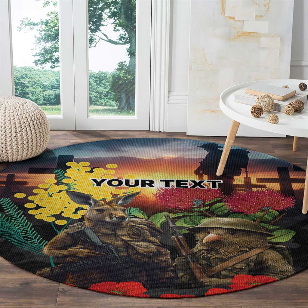 Kangaroo-Kiwi Soldier ANZAC Personalised Round Carpet Golden Wattle and Pohutukawa Flowers LT9 - Polynesian Pride
