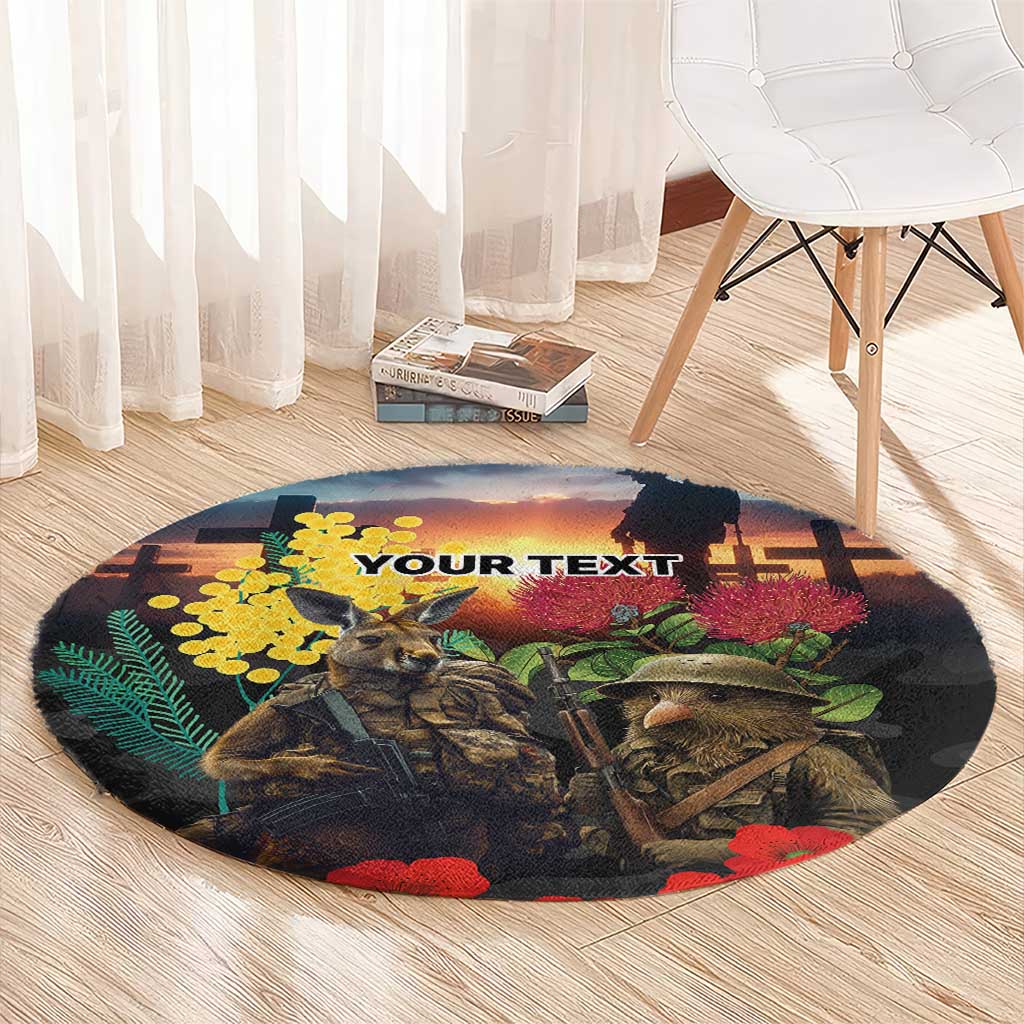 Kangaroo-Kiwi Soldier ANZAC Personalised Round Carpet Golden Wattle and Pohutukawa Flowers LT9 - Polynesian Pride