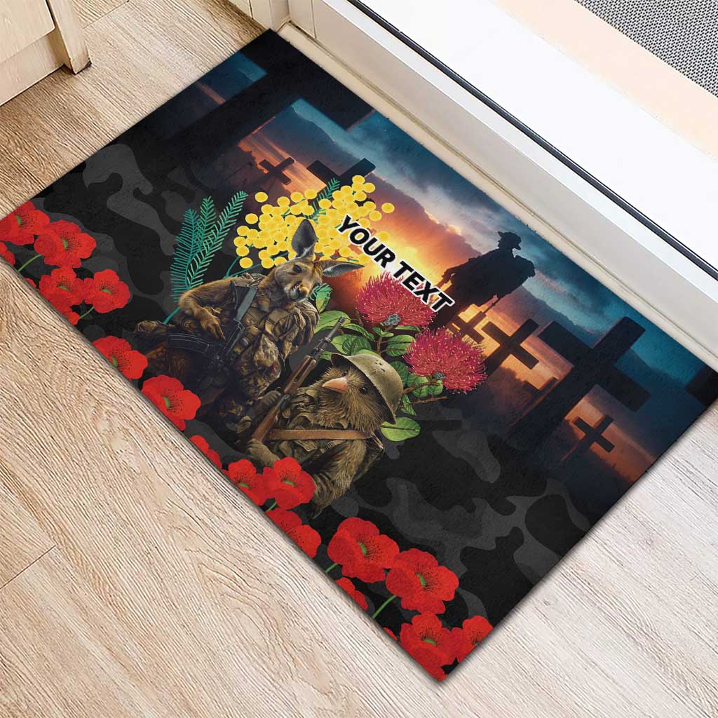 Kangaroo-Kiwi Soldier ANZAC Personalised Rubber Doormat Golden Wattle and Pohutukawa Flowers