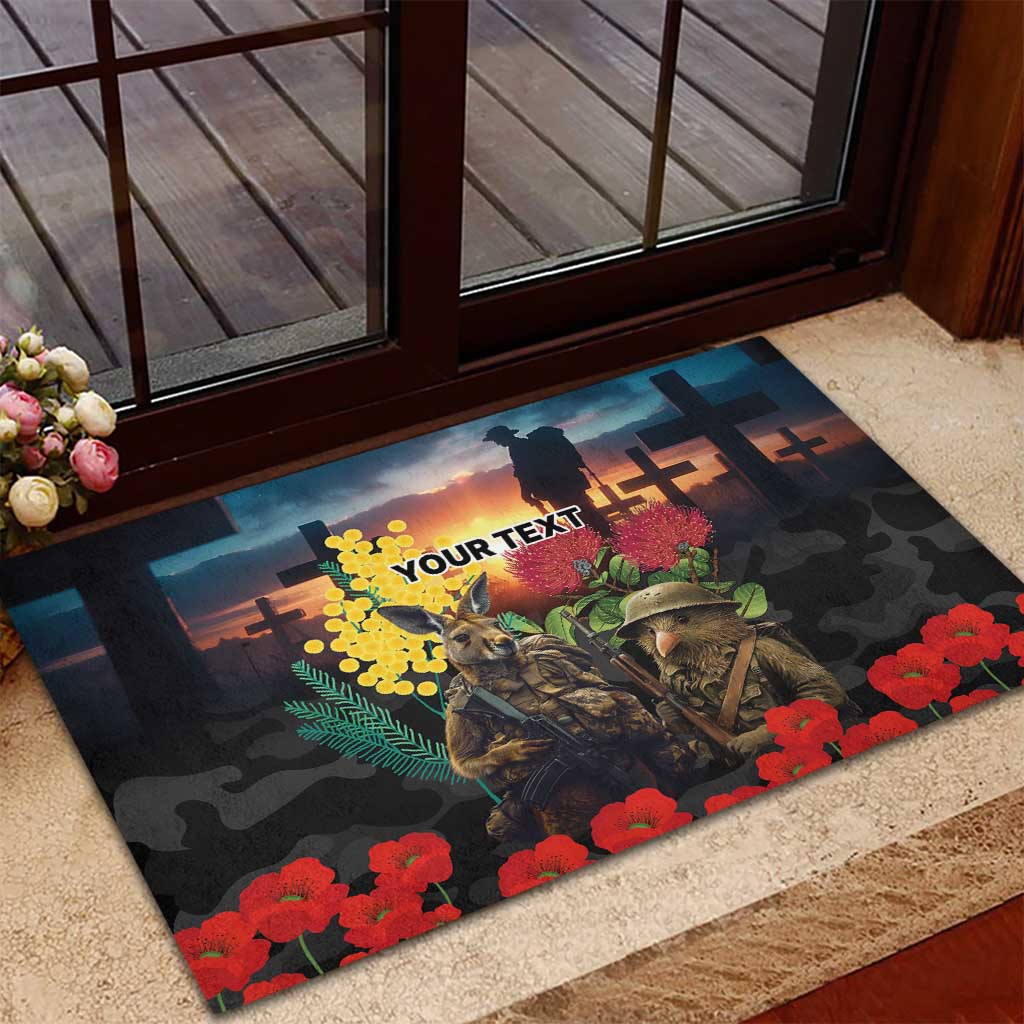 Kangaroo-Kiwi Soldier ANZAC Personalised Rubber Doormat Golden Wattle and Pohutukawa Flowers