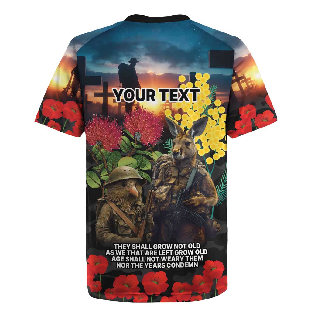 Kangaroo-Kiwi Soldier ANZAC Personalised Rugby Jersey Golden Wattle and Pohutukawa Flowers