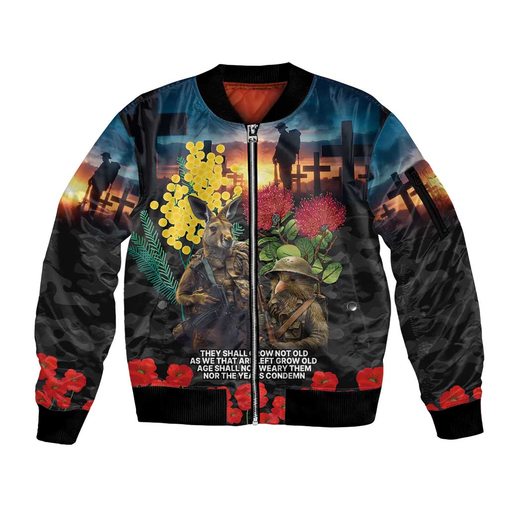 Kangaroo-Kiwi Soldier ANZAC Personalised Sleeve Zip Bomber Jacket Golden Wattle and Pohutukawa Flowers LT9 Unisex Black - Polynesian Pride