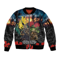 Kangaroo-Kiwi Soldier ANZAC Personalised Sleeve Zip Bomber Jacket Golden Wattle and Pohutukawa Flowers LT9 Unisex Black - Polynesian Pride