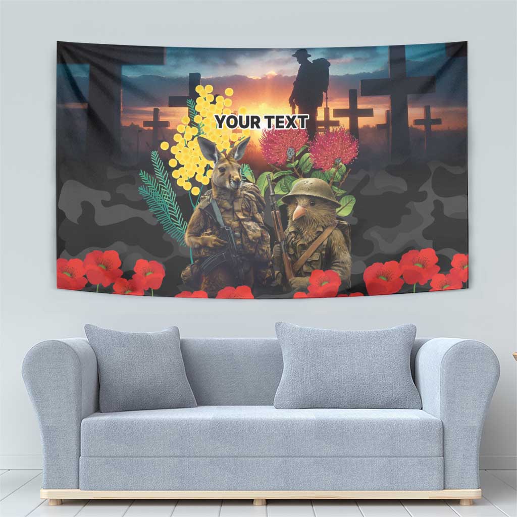 Kangaroo-Kiwi Soldier ANZAC Personalised Tapestry Golden Wattle and Pohutukawa Flowers