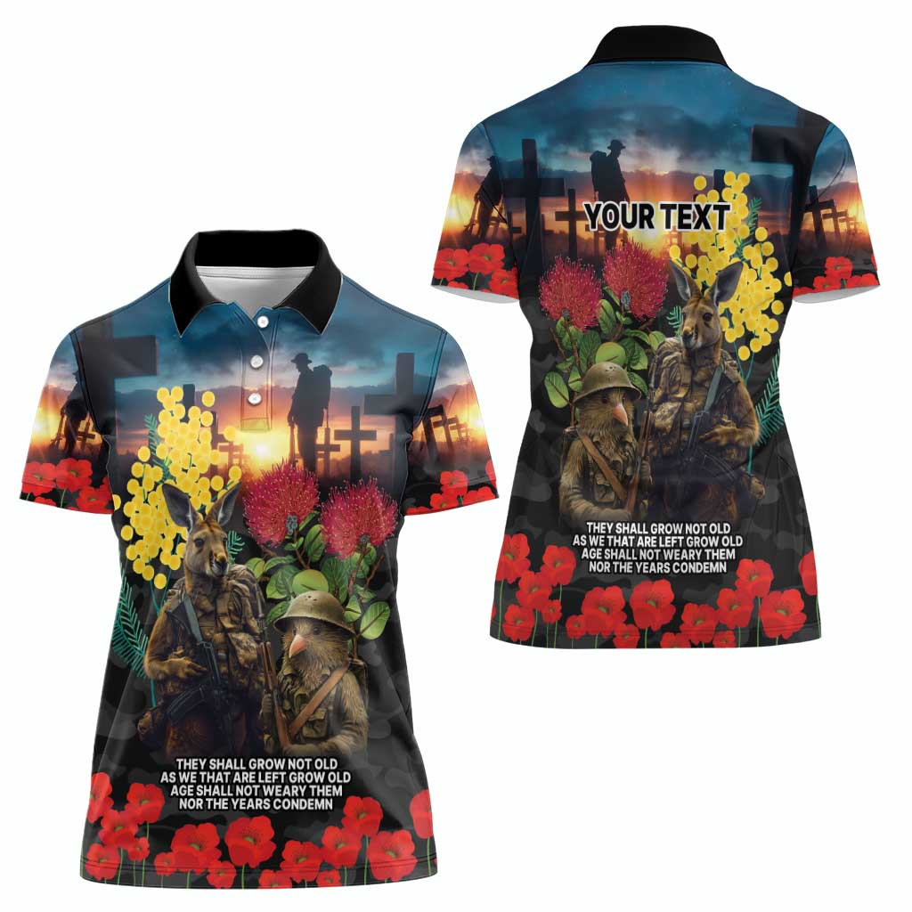 Kangaroo-Kiwi Soldier ANZAC Personalised Women Polo Shirt Golden Wattle and Pohutukawa Flowers