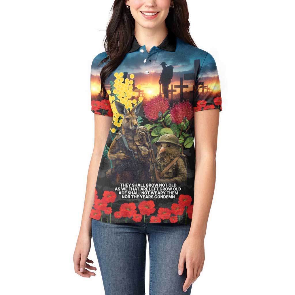 Kangaroo-Kiwi Soldier ANZAC Personalised Women Polo Shirt Golden Wattle and Pohutukawa Flowers