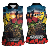 Kangaroo-Kiwi Soldier ANZAC Personalised Women Sleeveless Polo Shirt Golden Wattle and Pohutukawa Flowers