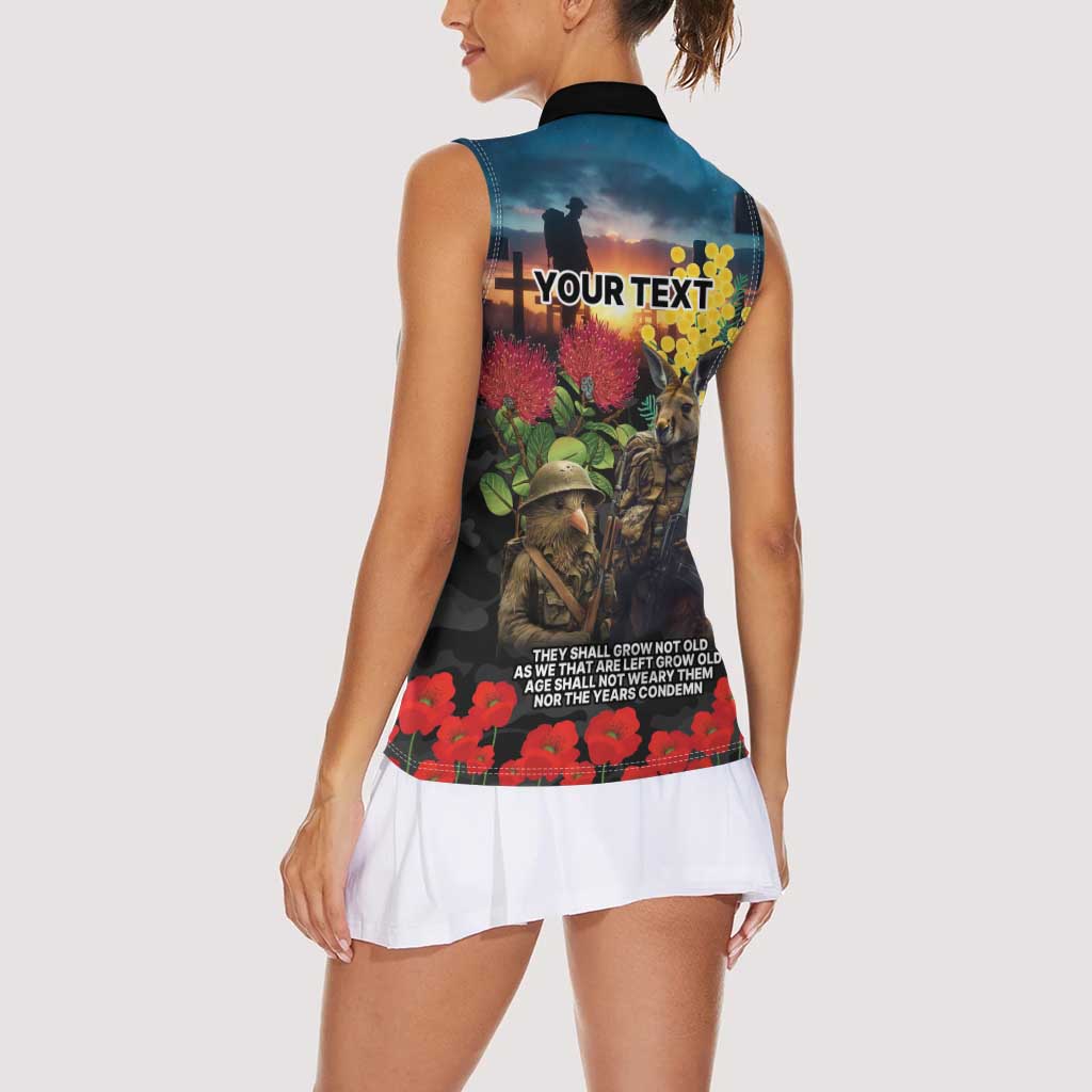 Kangaroo-Kiwi Soldier ANZAC Personalised Women Sleeveless Polo Shirt Golden Wattle and Pohutukawa Flowers