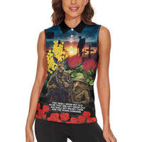 Kangaroo-Kiwi Soldier ANZAC Personalised Women Sleeveless Polo Shirt Golden Wattle and Pohutukawa Flowers