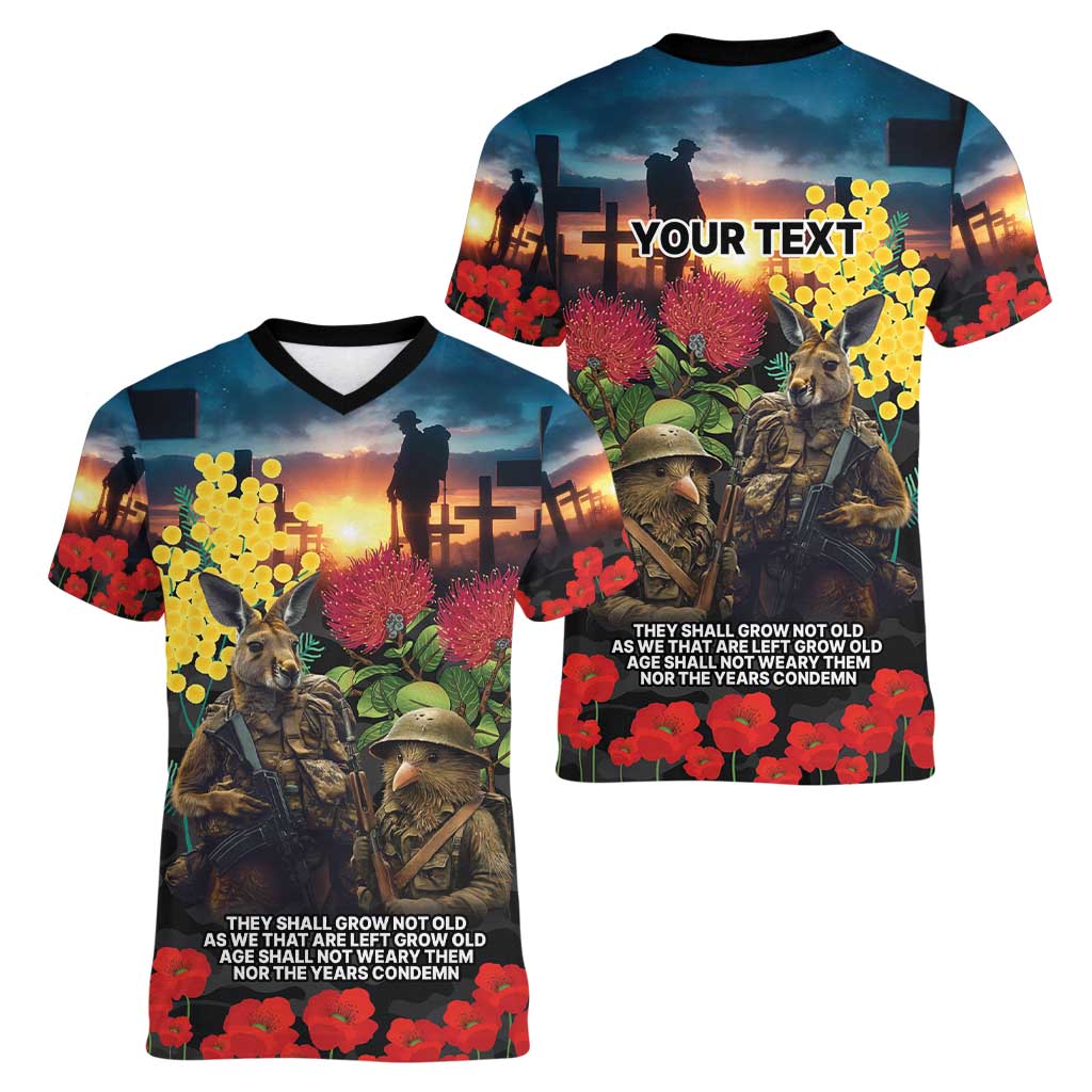 Kangaroo-Kiwi Soldier ANZAC Personalised Women V-Neck T-Shirt Golden Wattle and Pohutukawa Flowers