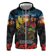 Kangaroo-Kiwi Soldier ANZAC Personalised Zip Hoodie Golden Wattle and Pohutukawa Flowers LT9 Zip Hoodie Black - Polynesian Pride