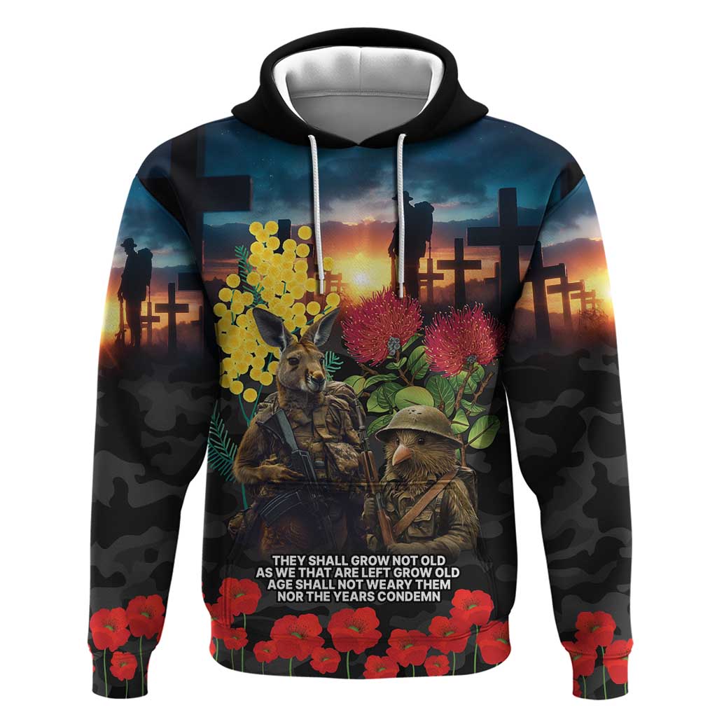 Kangaroo-Kiwi Soldier ANZAC Personalised Zip Hoodie Golden Wattle and Pohutukawa Flowers LT9 Pullover Hoodie Black - Polynesian Pride