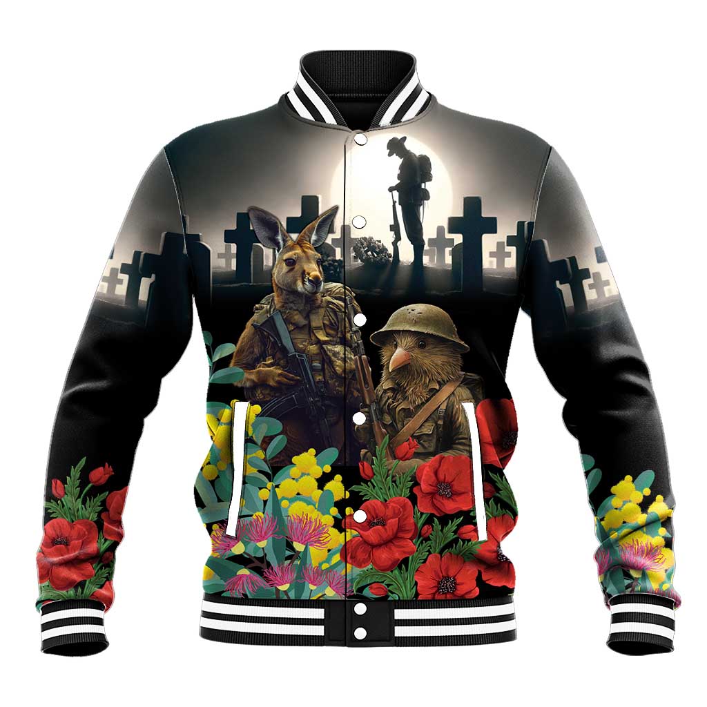 Kangaroo-Kiwi Soldier ANZAC Personalised Baseball Jacket Golden Wattle Poppy Flowers