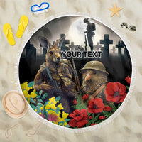 Kangaroo-Kiwi Soldier ANZAC Personalised Beach Blanket Golden Wattle Poppy Flowers