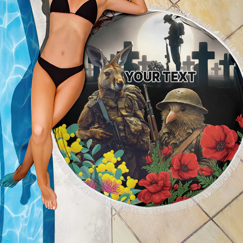 Kangaroo-Kiwi Soldier ANZAC Personalised Beach Blanket Golden Wattle Poppy Flowers