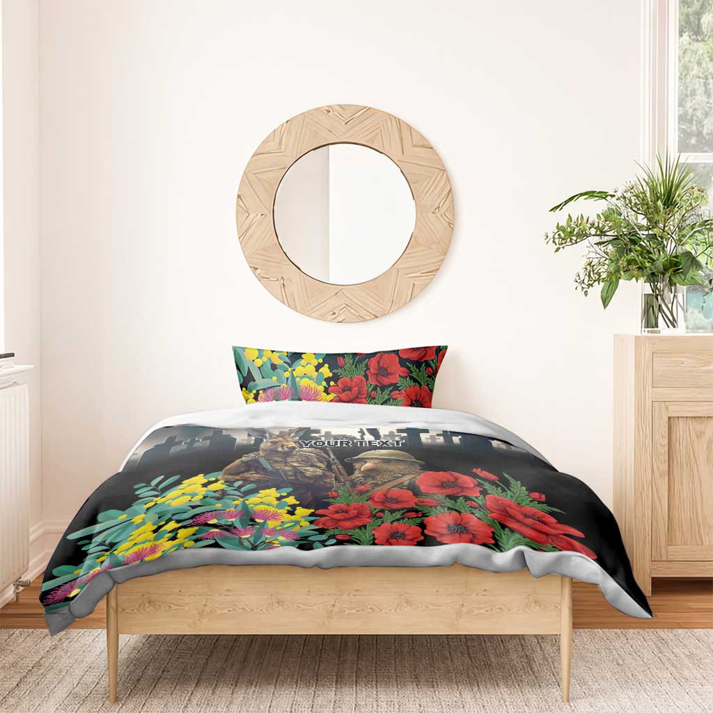 Kangaroo-Kiwi Soldier ANZAC Personalised Bedding Set Golden Wattle Poppy Flowers