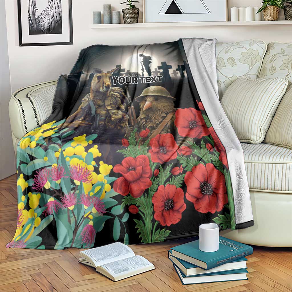 Kangaroo-Kiwi Soldier ANZAC Personalised Blanket Golden Wattle Poppy Flowers