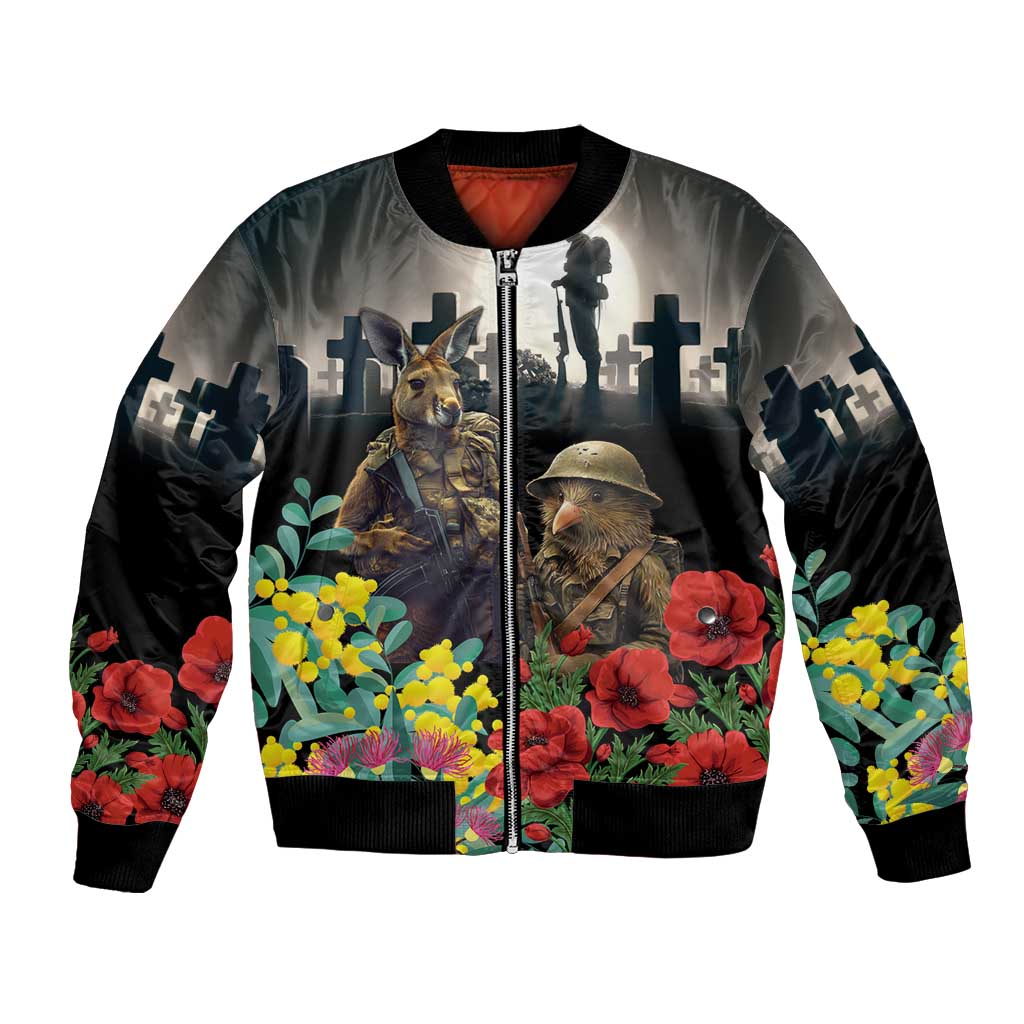 Kangaroo-Kiwi Soldier ANZAC Personalised Bomber Jacket Golden Wattle Poppy Flowers LT9 Unisex Black - Polynesian Pride