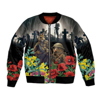 Kangaroo-Kiwi Soldier ANZAC Personalised Bomber Jacket Golden Wattle Poppy Flowers LT9 Unisex Black - Polynesian Pride