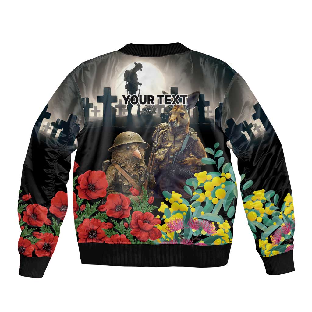 Kangaroo-Kiwi Soldier ANZAC Personalised Bomber Jacket Golden Wattle Poppy Flowers LT9 - Polynesian Pride