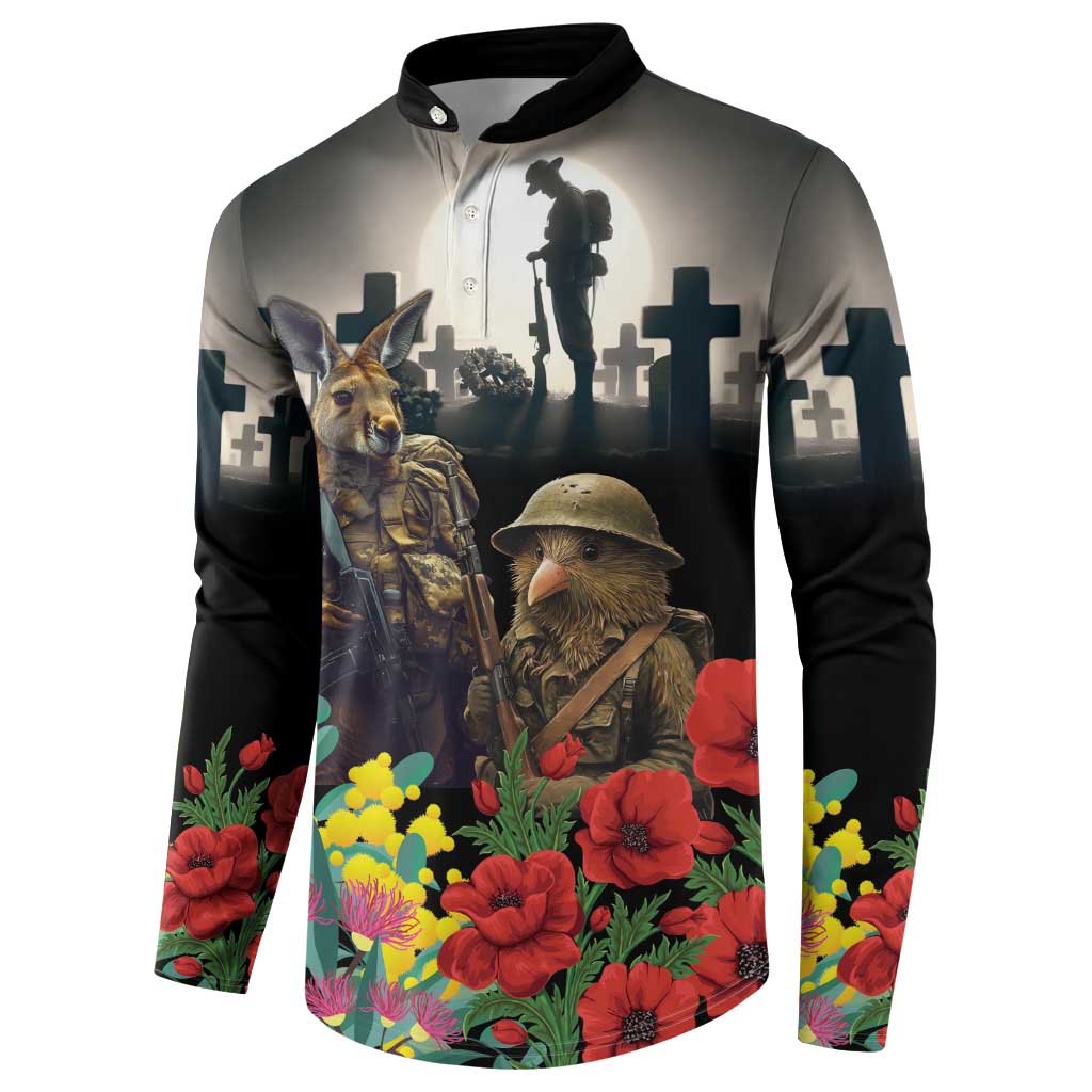 Kangaroo-Kiwi Soldier ANZAC Personalised Button Sweatshirt Golden Wattle Poppy Flowers