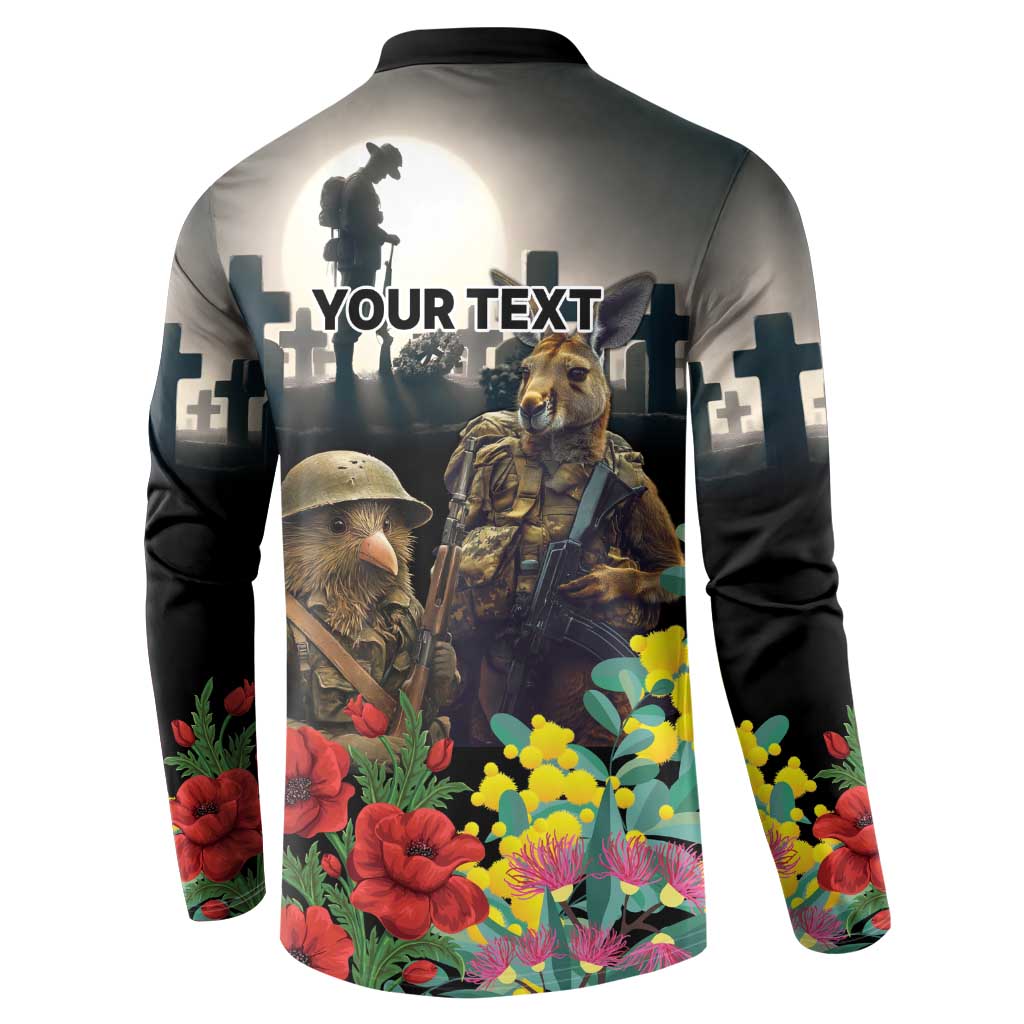 Kangaroo-Kiwi Soldier ANZAC Personalised Button Sweatshirt Golden Wattle Poppy Flowers