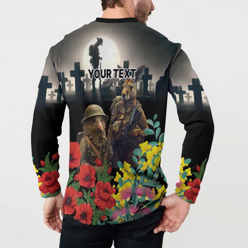 Kangaroo-Kiwi Soldier ANZAC Personalised Button Sweatshirt Golden Wattle Poppy Flowers