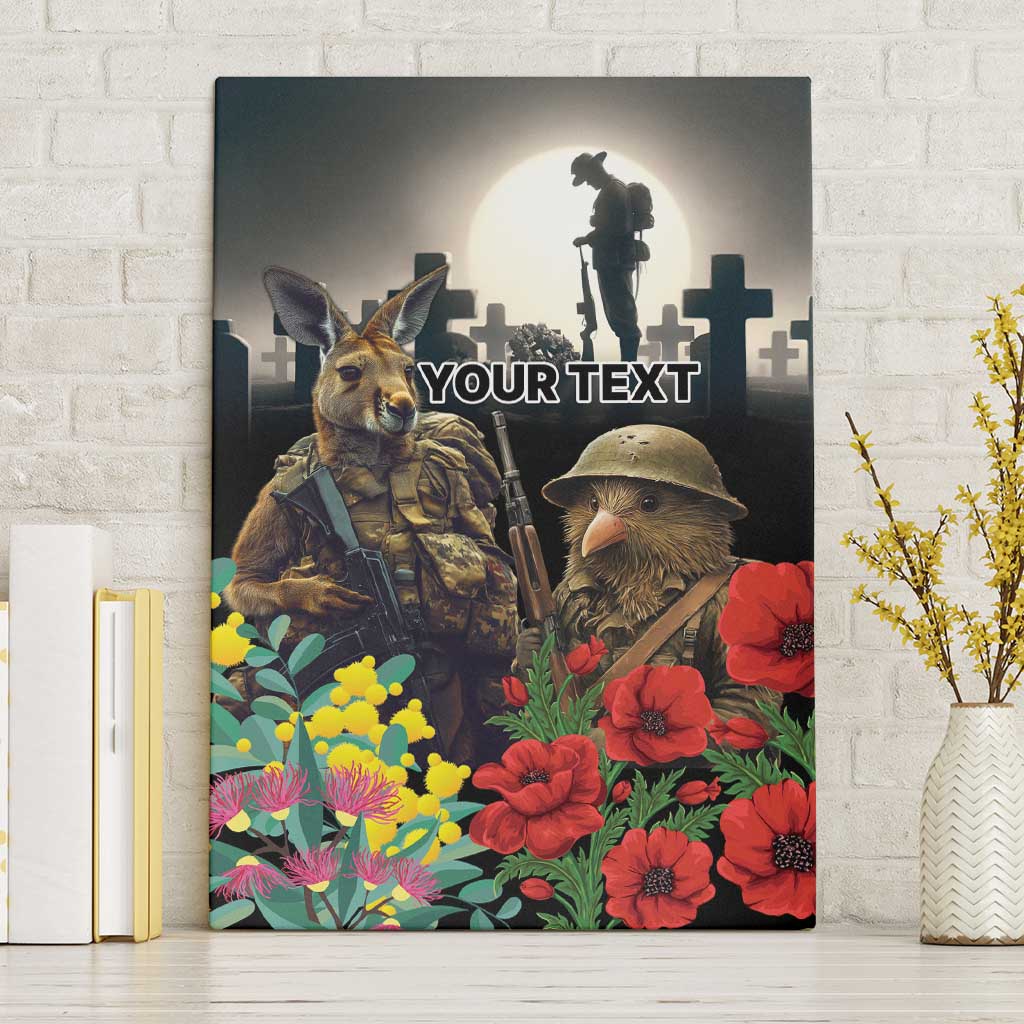 Kangaroo-Kiwi Soldier ANZAC Personalised Canvas Wall Art Golden Wattle Poppy Flowers