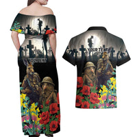 Kangaroo-Kiwi Soldier ANZAC Personalised Couples Matching Off Shoulder Maxi Dress and Hawaiian Shirt Golden Wattle Poppy Flowers