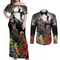 Kangaroo-Kiwi Soldier ANZAC Personalised Couples Matching Off Shoulder Maxi Dress and Long Sleeve Button Shirt Golden Wattle Poppy Flowers