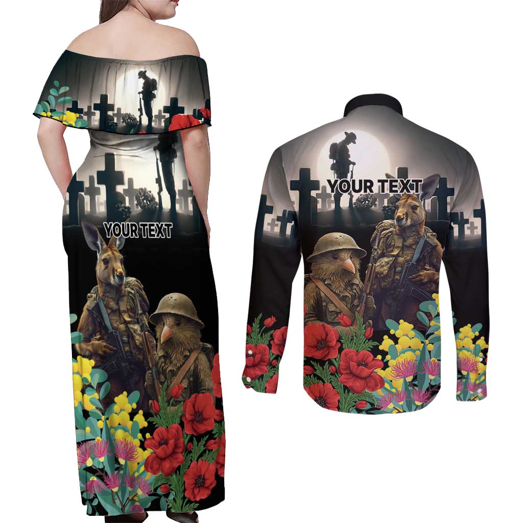 Kangaroo-Kiwi Soldier ANZAC Personalised Couples Matching Off Shoulder Maxi Dress and Long Sleeve Button Shirt Golden Wattle Poppy Flowers