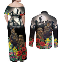 Kangaroo-Kiwi Soldier ANZAC Personalised Couples Matching Off Shoulder Maxi Dress and Long Sleeve Button Shirt Golden Wattle Poppy Flowers