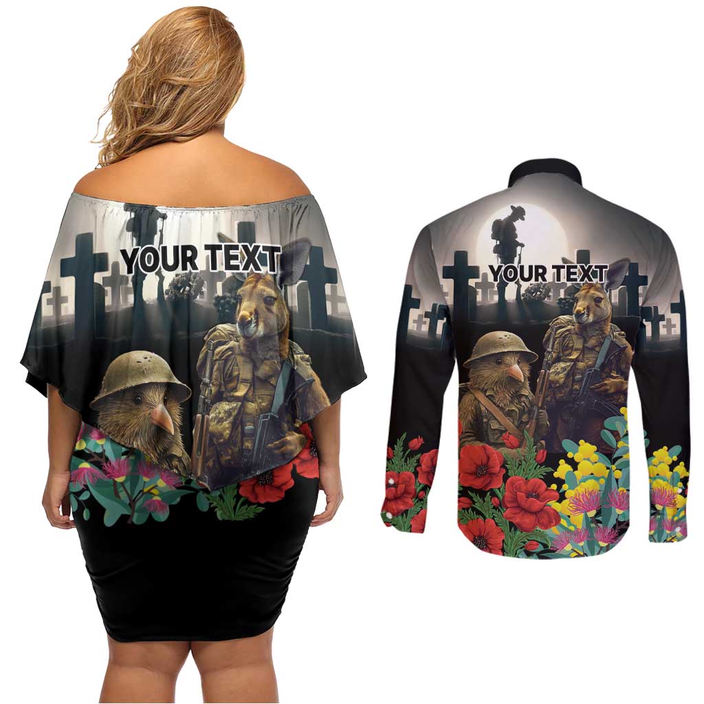 Kangaroo-Kiwi Soldier ANZAC Personalised Couples Matching Off Shoulder Short Dress and Long Sleeve Button Shirt Golden Wattle Poppy Flowers