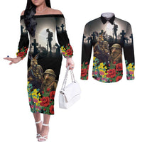 Kangaroo-Kiwi Soldier ANZAC Personalised Couples Matching Off The Shoulder Long Sleeve Dress and Long Sleeve Button Shirt Golden Wattle Poppy Flowers