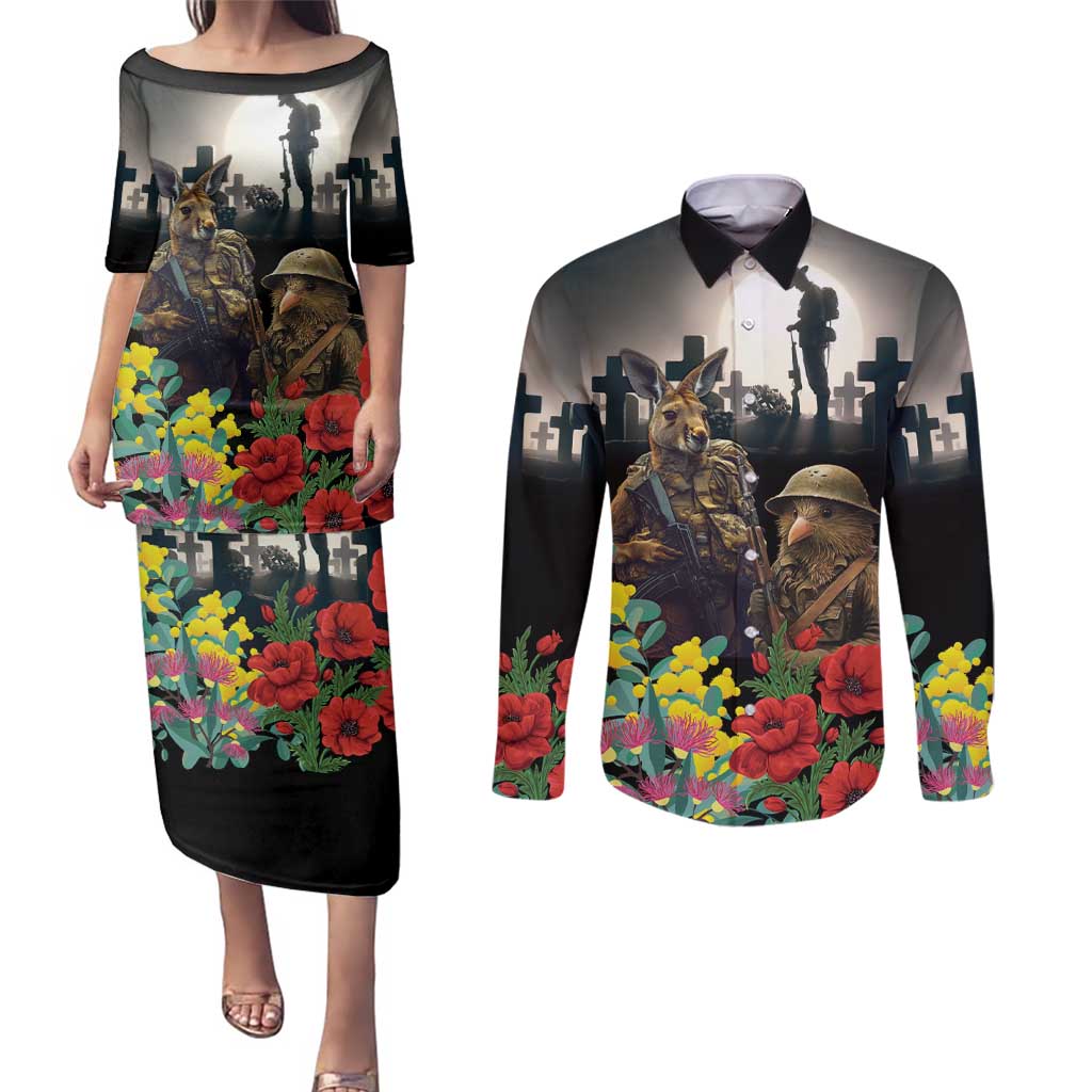 Kangaroo-Kiwi Soldier ANZAC Personalised Couples Matching Puletasi and Long Sleeve Button Shirt Golden Wattle Poppy Flowers