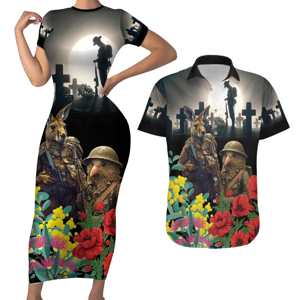 Kangaroo-Kiwi Soldier ANZAC Personalised Couples Matching Short Sleeve Bodycon Dress and Hawaiian Shirt Golden Wattle Poppy Flowers