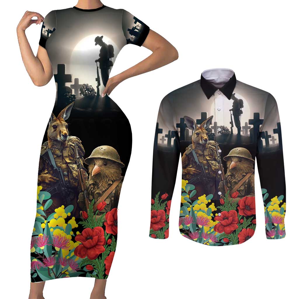 Kangaroo-Kiwi Soldier ANZAC Personalised Couples Matching Short Sleeve Bodycon Dress and Long Sleeve Button Shirt Golden Wattle Poppy Flowers