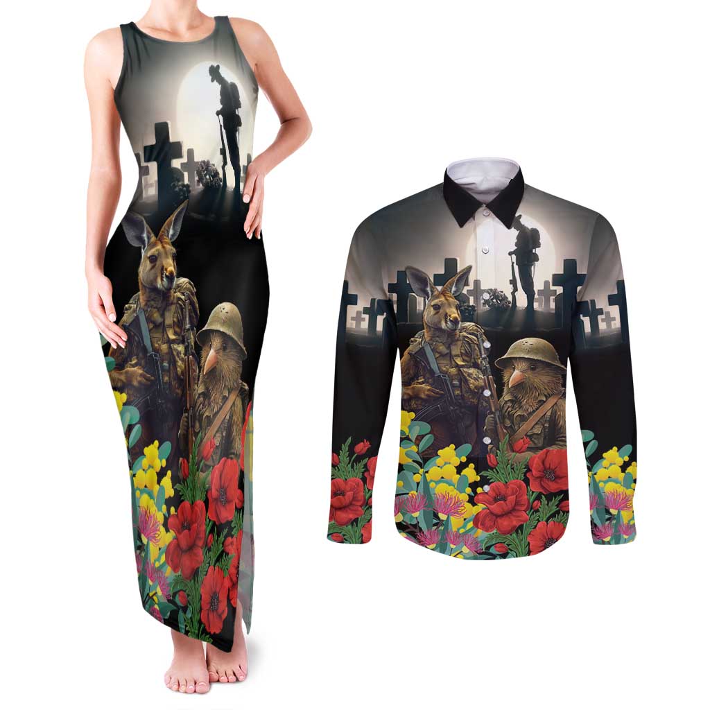 Kangaroo-Kiwi Soldier ANZAC Personalised Couples Matching Tank Maxi Dress and Long Sleeve Button Shirt Golden Wattle Poppy Flowers
